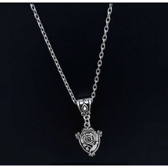 unbranded Jewelry - Small 2D Rose Shield Pendant on 16" Fine Silver Chain Necklace